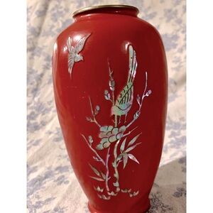 VTG Red Enamel Vase ft Mother of Pearl Birds & Flowering Branches